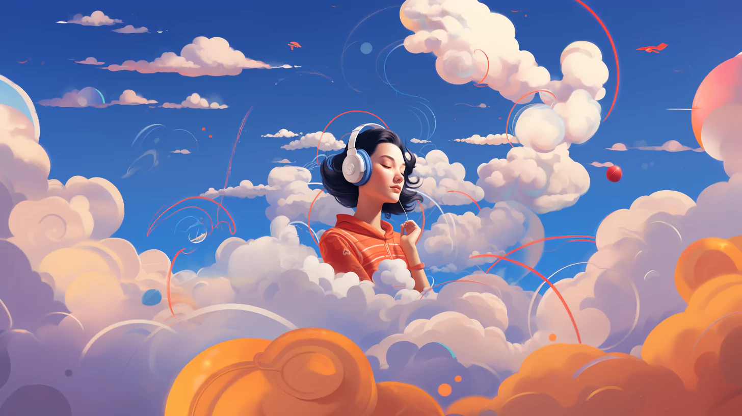 an illustration of a girl wearing headphones surrounded by clouds in the sky